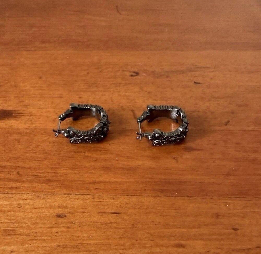 Gunmetal Crystal Barrel Huggie Hoop Earrings Hematite Tone Post Back
